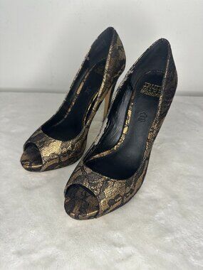Truth or Dare by Madonna Black Lace Metallic Gold Stiletto Heels 7.5